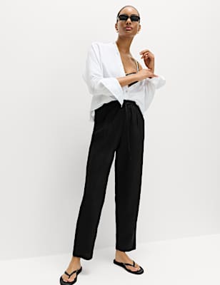 Linen Rich Elasticated Waist Tapered Trousers