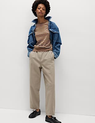 Pure Cotton Elasticated Waist Carrot Leg Trousers