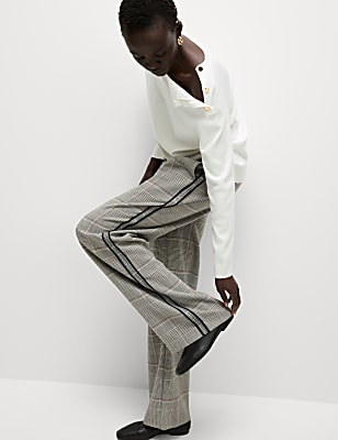Checked Pull On Wide Leg Trousers