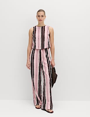 Linen Rich Striped Wide Leg Trousers