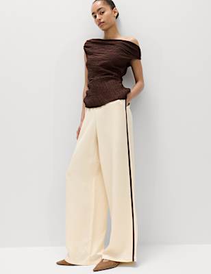Side Stripe Wide Leg Trousers with Linen