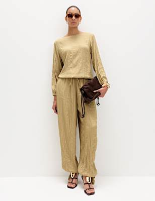 Tie Hem Crinkle Drawstring Balloon Trousers