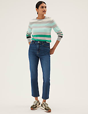 Cotton Blend Straight Leg Ankle Grazer Jeans