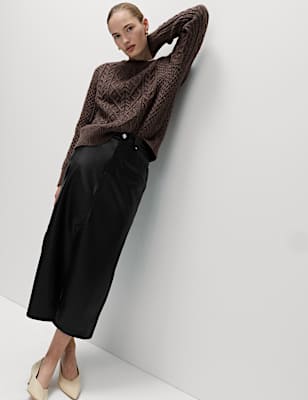 Faux Leather Midi Split Front A-Line Skirt