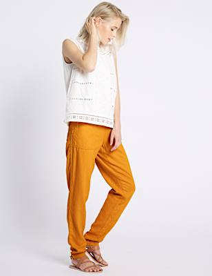 Linen Rich Drawstring Tapered Leg Trousers