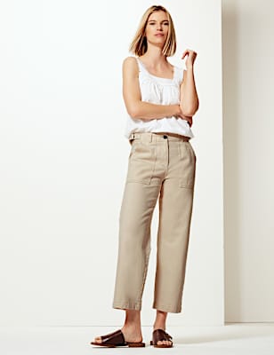 Pure Cotton Wide Leg Cropped Trousers