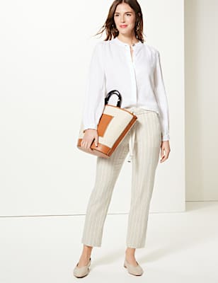 Linen Rich Striped Tapered Leg Peg Trousers
