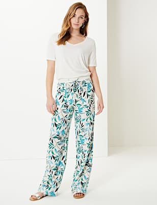 Linen Rich Leaf Print Wide Leg Trousers