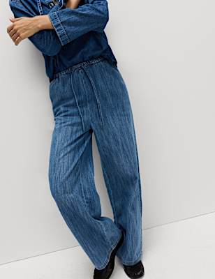 Denim Drawstring Wide-Leg Trousers