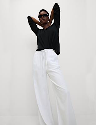 Linen Blend Wide Leg Trousers
