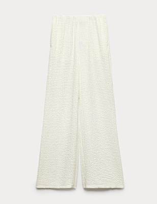 Textured Pull On Wide Leg Trousers