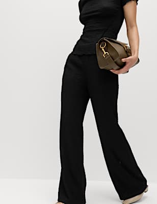 Textured Pull On Wide Leg Trousers