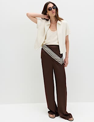 Satin Drawstring Wide Leg Trousers
