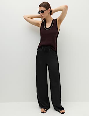 Satin Drawstring Wide Leg Trousers