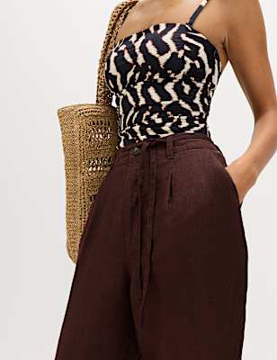 Pure Linen Pleat Front Belted Tapered Trousers