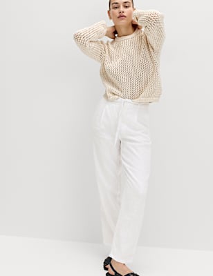 Pure Linen Pleat Front Belted Tapered Trousers
