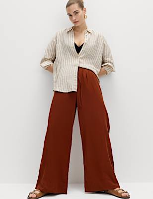 Linen Rich Drawstring Wide Leg Trousers
