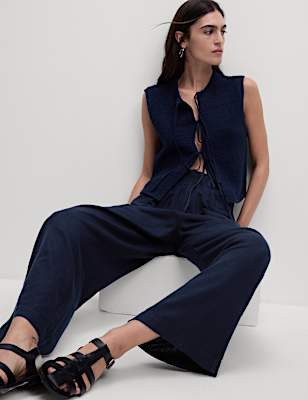 Linen Rich Wide Leg Cropped Trousers