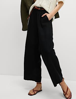 Linen Rich Wide Leg Cropped Trousers