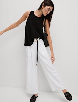 Linen Rich Wide Leg Cropped Trousers