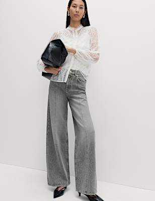 Mid Rise Seam Front Wide Leg Jeans