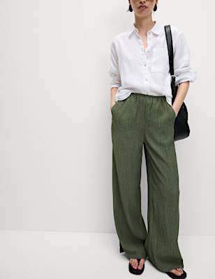 Viscose Rich Crinkle Elasticated Waist Wide Leg Trousers