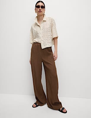 Viscose Rich Crinkle Elasticated Waist Wide Leg Trousers