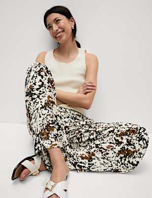 Animal Print Drawstring Wide Leg Trousers