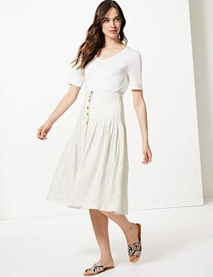 Pure Linen Checked A-Line Midi Skirt