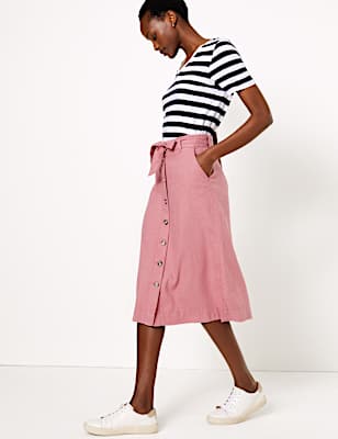 Linen Button Front Midi A-Line Skirt