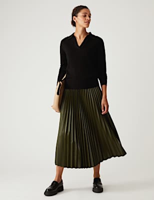 Faux Leather Pleated Midi Skirt