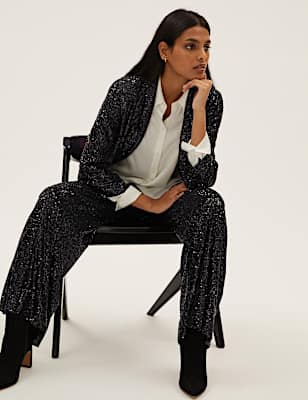 Sequin Ruched Sleeve Blazer