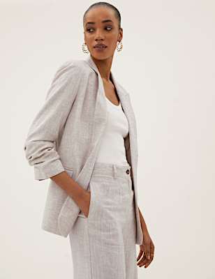 Linen Blend Ruched Sleeve Blazer