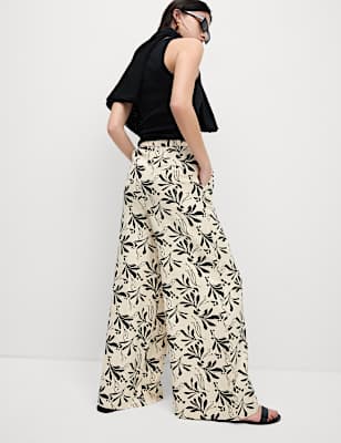 Linen Rich Printed Wide Leg Trousers