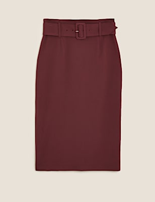 Belted Knee Length Pencil Skirt