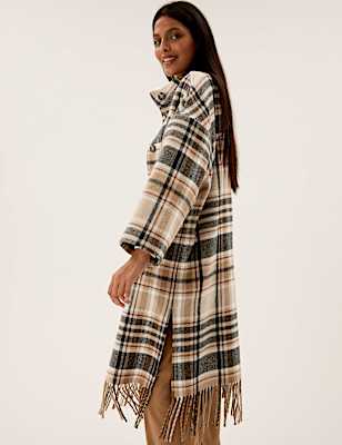 Checked Fringed Funnel Neck Coat with Wool