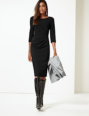 Drape 3/4 Sleeve Shift Midi Dress