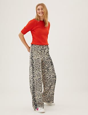 Twill Animal Print Wide Leg Trousers