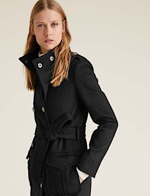Belted Double Breasted Coat with Wool