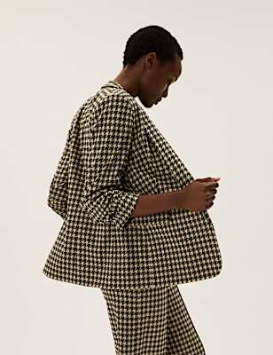 Jersey Dogtooth Ruched Sleeve Blazer Jacket