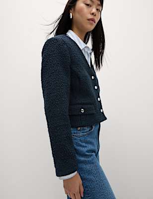 V Neck Fringe Tweed Jacket