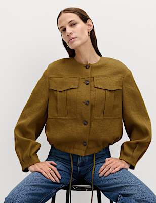 Collarless Utility Jacket With Linen