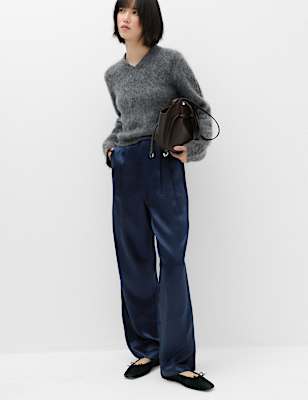 Satin Pleated Straight Leg Trousers