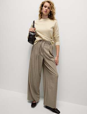 Pleat Front Drawstring Wide Leg Trousers