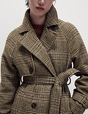 Checked Longline Trench Coat with Wool