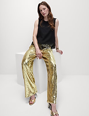 Sequin Pleat Front Wide Leg Trousers