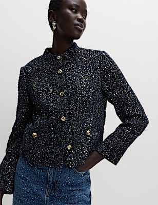 Tweed Sparkly Collarless Blazer with Wool