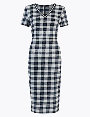 Jersey Gingham V-Neck Midi Tailored Dress