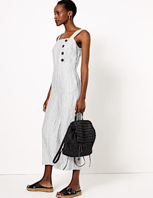 Pure Linen Striped Utility Jumpsuit