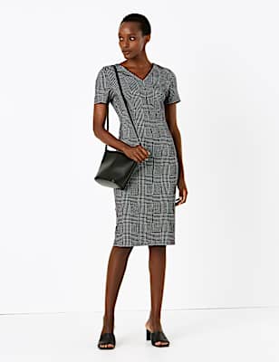 Jersey Checked V-Neck Midi Tailored Dress
